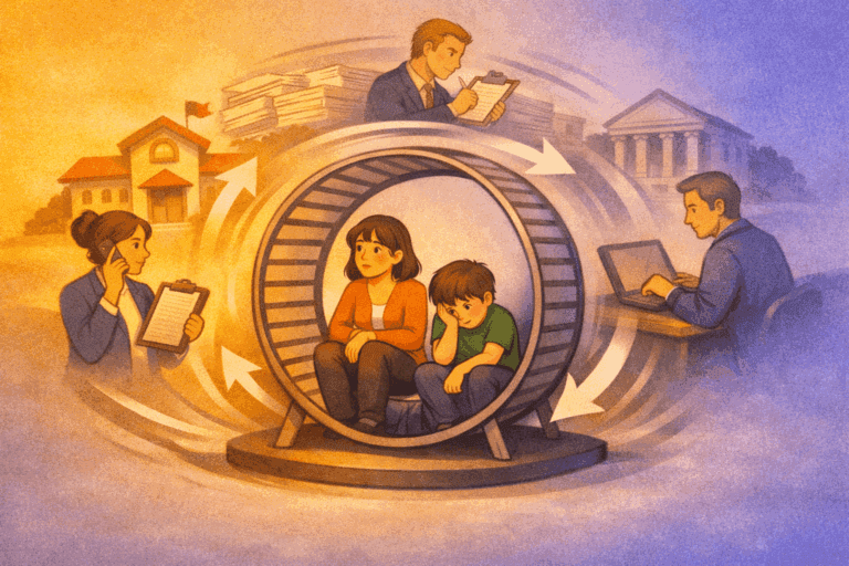Illustratie van een ouder en kind die vastzitten in een groot hamsterwiel, terwijl verschillende professionals — zoals school, jeugdhulp, gemeente en leerplicht — rondom hen in een cirkel werken zonder elkaar te raken.