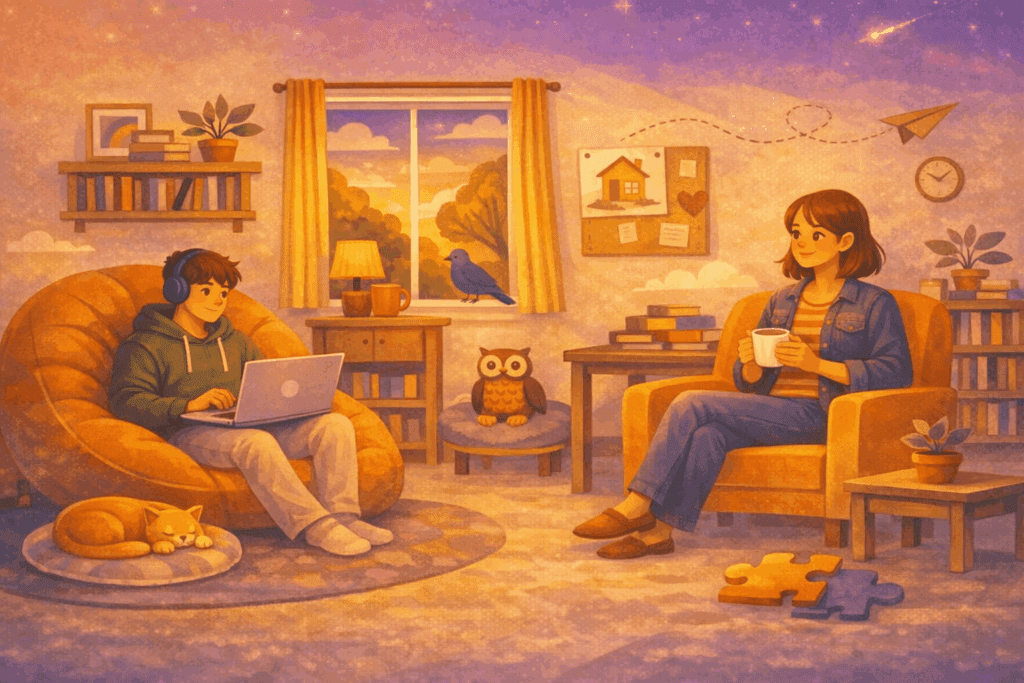 Hoe thuiszitten eruit kan zien voor thuiszitters en hun ouders - illustratie van een jongen met laptop en ouder in een rustige woonkamer.